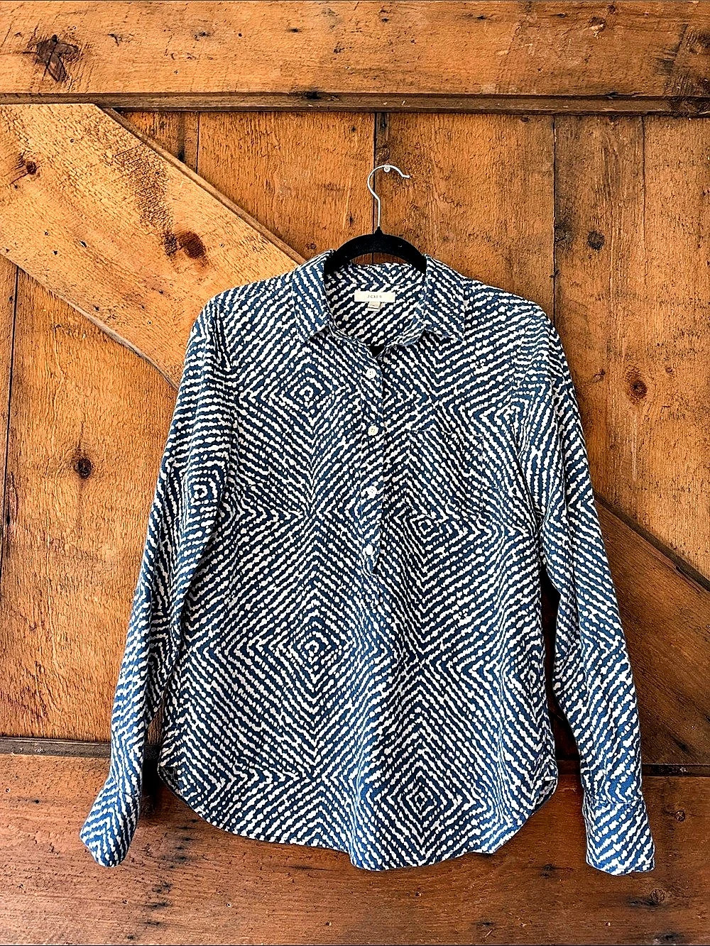J.Crew Geometric Linen Blend Button Down in Blue & White Size 4
